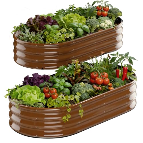 Rakukiri Raised Garden Bed Outdoor, GRS Certified Recycled Metal Planter Box 2 Sets, 4FT Galvanized Oval Herb Garden Kit, Bottomless Large Garden Beds for Vegetables Flowers, Rust-Resistant Brown - color: Brown