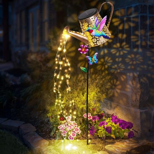 Solar Watering Can with Cascading Lights Outdoor Hummingbird Garden Decor - color: Hummingbird-Purple