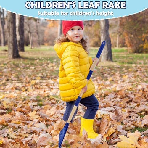 Kids Leaf Rake - 3-Section Adjustable Handle, Lightweight, Wood & Plastic, Small Garden Tool for Children (Blue) - color: Blue