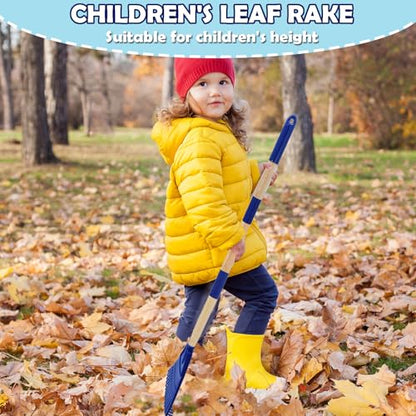 Kids Leaf Rake - 3-Section Adjustable Handle, Lightweight, Wood & Plastic, Small Garden Tool for Children (Blue) - color: Blue