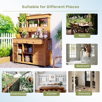 Merax 65.7" Tall Garden Potting Bench with Hutch, 3 Shelves, 6 Drawers, 2 Cabinets & Hooks - color: Natural