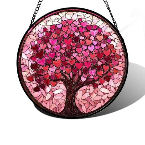 Pink Love Tree Stained Glass Window Hanging Suncatcher Gift for Women 6.3" - color: Green, size: 6.3x6.3 IN