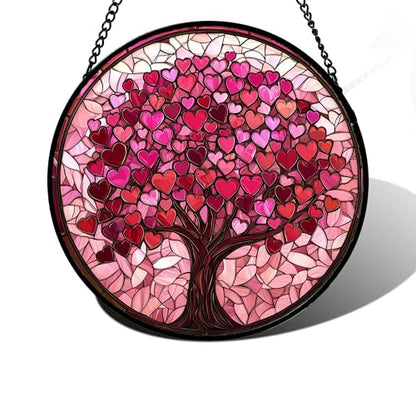 Pink Love Tree Stained Glass Window Hanging Suncatcher Gift for Women 6.3" - color: Green, size: 6.3x6.3 IN