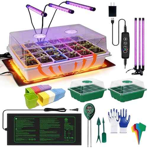 Self-Watering Seed Starter Tray with Grow Light and Heat Mat,Seed Starter Kit,Humidity Domes,Auto Timer,Flexible Brightness Seedling Starter Trays for Indoor Greenhouse Gardening Seed Germinator