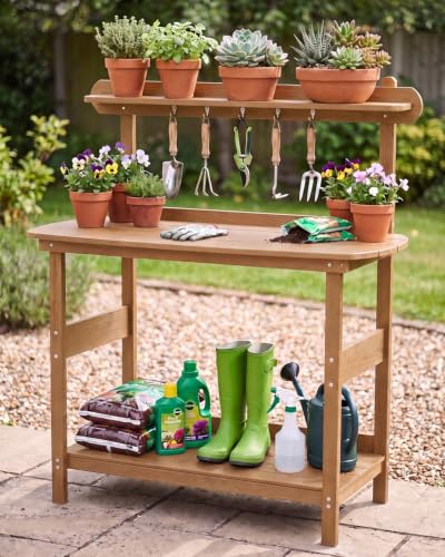 HIPS Outdoor Potting Table Bench with 3-Tier Storage Teak - color: Teak