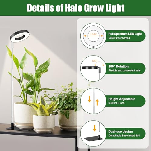 Small Halo Grow Light with Base, 48 LED Full Spectrum Indoor Plant Grow Light, Height Adjustable, 3 Spectral Modes, 10 Brightness Levels, Automatic Timer 3/9/12 Hours, Black - color: Black, size: 1 Pack Warm+White with Telescopic Pole and Base