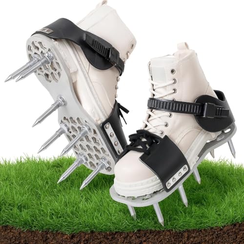Lawn Aerator Shoes for Grass, Aeration Shoes for Lawn with 5mm Metal Base and Adjustable Straps, Pre-Assembled Aerating Shoes with Bend-Resistant Spike for Garden