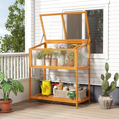 Giantex Wood Cold Frame Greenhouse, Raised Flower Planter Protection with Transparent Openable Roof & Slatted Shelf, Indoor Outdoor Hot House for Garden Balcony, 36”x20”x42” - size: 36”x20”x42”
