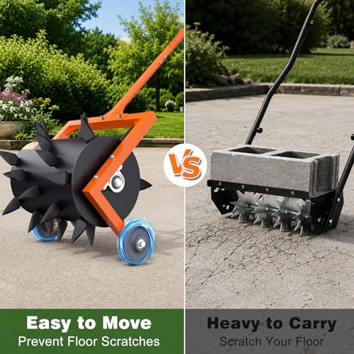 Heavy-Duty Push Lawn Aerator Roller with Steel Spikes for Compacted Soil - color: Orange