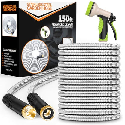 Unywarse Garden Hose 150FT Metal Water Hose with 10 Function Nozzle No-Kink - size: 150ft