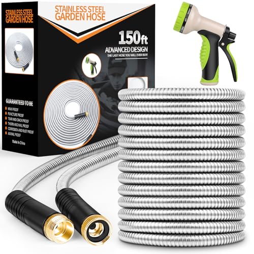 Unywarse Garden Hose 150FT Metal Water Hose with 10 Function Nozzle No-Kink - size: 150ft