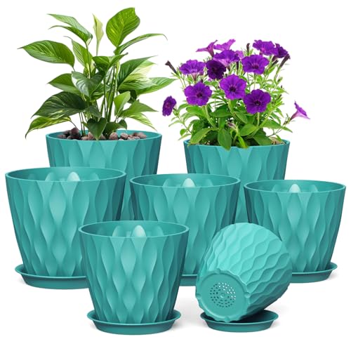 Meowell 7/6.5/6/5.5/5/4.5/4 inch Plant Pots for Indoor Outdoor Plants, 7 Pack Thick Flower Pots with Drainage Holes and Saucers, Modern Wave Texture Small Plastic Planters Nursery Pots, Blue Green - color: Blue Green, size: 7+6.5+6+5.5+5+4.5+4 inch 7 piec