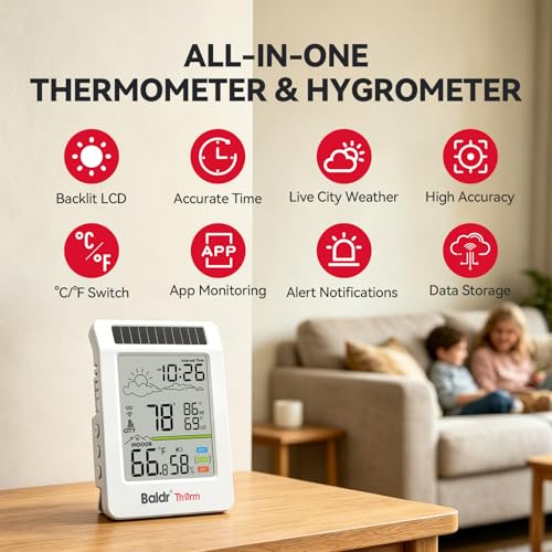 BaldrTherm WiFi Thermometer Hygrometer with Backlight, Weather & Time