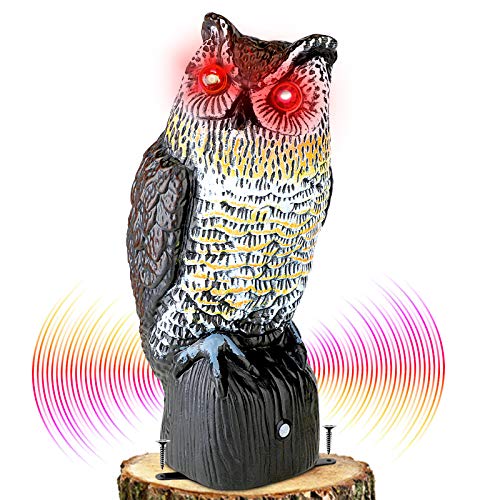 Fake Owl Decoys to Scare Birds Away, Plastic Owl Bird Deterrents with Flashing Eyes&Frightening Sound, Bird Scarecrow Nature Enemy Horned Pest Repellent for Outdoor Garden Yard