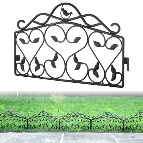Evelyne Decorative Garden Border Plastic Edging – PP Plastic, Short Metal-Free Faux Wrought Iron Leaf & Bird Design, 16pcs Yard Landscaping Fence Liner Lawn Edge Barrier, 20ft Kit of Decorative Panels - color: Black, size: 20 feet