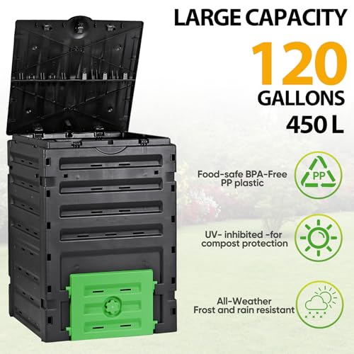 120 Gallon (450L) BPA Free Garden Compost Bin - Easy Assembly, Aerating Outdoor Compost Box for Fast Fertile Soil Creation - size: 120 Gallon