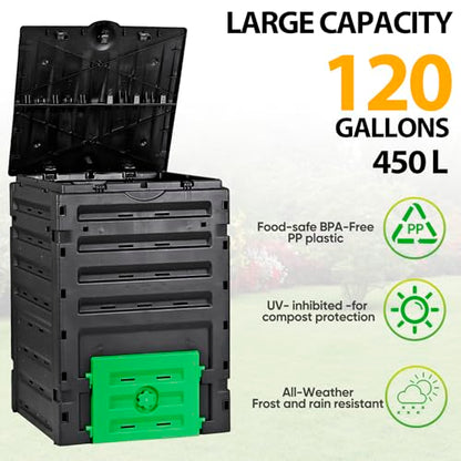 120 Gallon (450L) BPA Free Garden Compost Bin - Easy Assembly, Aerating Outdoor Compost Box for Fast Fertile Soil Creation - size: 120 Gallon