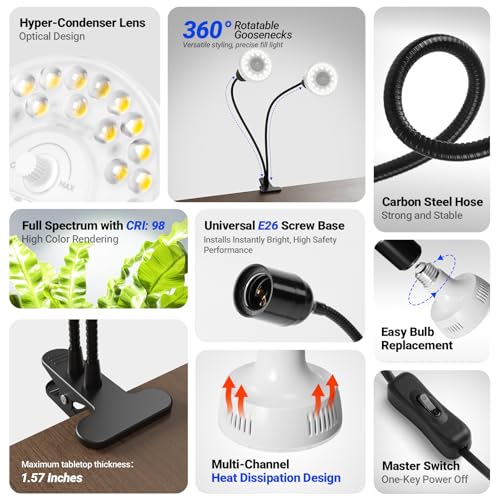Barrina OG11A2 Clip On Grow Light for Indoor Plants, 5000K 22W(2 x 11W)
