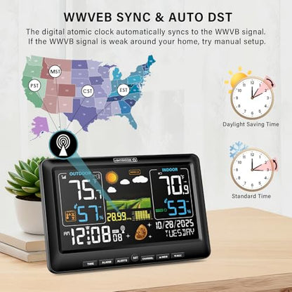 BluSon Weather Station Wireless Indoor Outdoor Thermometer, Atomic Clock - color: Black