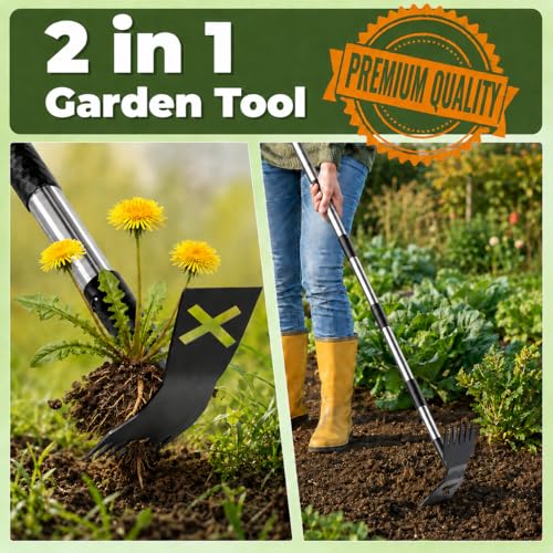 Weed Puller Tool with Long Handle, 61.4 Inch Stand Up Weeder Tool, 4-Claw Stainless Steel Weed Remover, No Bending Manual Dandelion Root Extractor for Lawn Garden Yard Patio