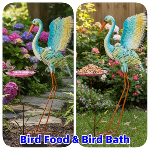 39" Large Heron Garden Statue,Crane Outdoor Statues with Leaf Tray - color: 39 Inch Green+pink With Leaf Tray