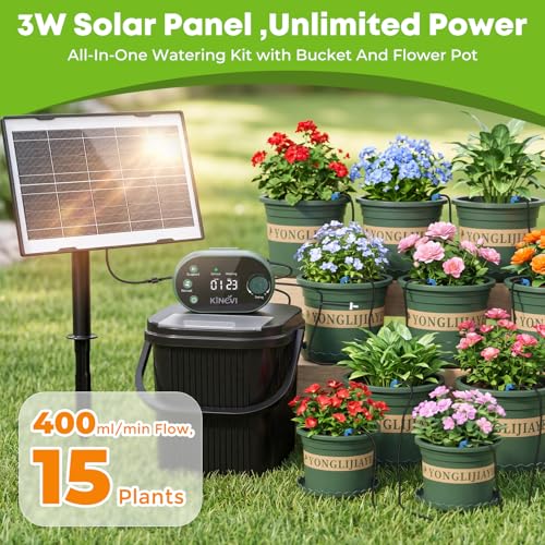 Solar Drip Irrigation System Kit, Auto Plant Waterer for 15 Pots - color: 307 + 1 bucket + 10 flowerpots