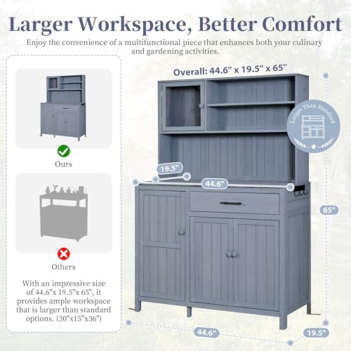 Potting Bench with Hutch, 65" H Solid Fir Wood Garden Workstation, Large Countertop, Patio Kitchen Island with Adjustable Shelves, Spice Rack, Side Hook and Drawer, Gray - size: Gray+1 Drawer