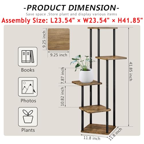 AZERPIAN 5 Tier Tall Plant Stand Indoor Corner Tiered Shelf Metal MDF Board