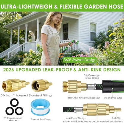 75 ft Non-Expanding Garden Hose, 360° Anti-Kink Swivel Fittings - color: Green, size: 75ft