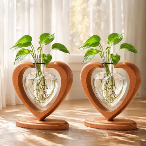 2Pack Plant Propagation Station, Heart Glass Vase & Wooden Stand - color: 2 Pack