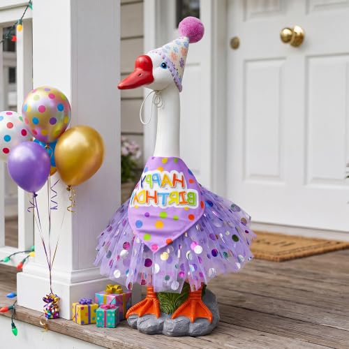 Birthday Goose Garden Statue with Party Outfit, Cute Outdoor Decor - color: Purple Birthday Goose Set