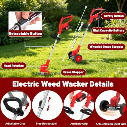 21V Cordless Weed Wacker with 2 Batteries & Wheels, Battery Powered Weed Eater, Electric String Trimmer, Grass Trimmer & Lawn Edger 4-in-1, Lightweight Weed Trimmer for Lawn Garden