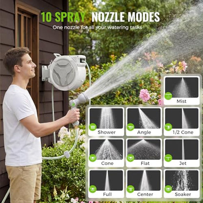 Retractable Garden Hose Reel 1/2"x100ft Wall Mount with 10-Function Nozzle - color: White