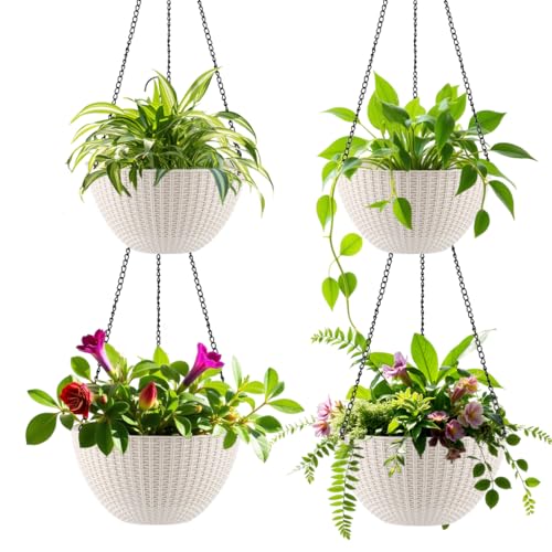 Hanging Planters 8 Inch & 10 Inch, 4 Pack Self Watering Baskets, White - color: White, size: 8 and 10 Inch-4P