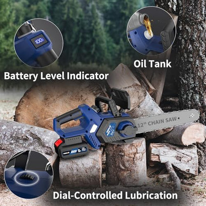 NANWEI Battery Chainsaw 12 inch, Brushless Motor, 2 x4.0Ah Batteries and Charger, Auto Oiling, Tool-Less Adjustment, Battery Powered Chainsaw For Wood,Tree Cutting (With Batteries)