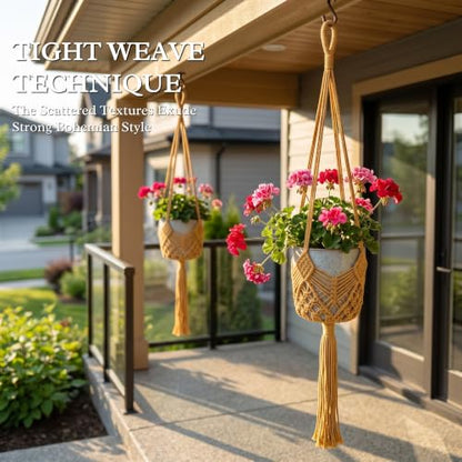 Boho Macrame Plant Hanger with Hooks, Rope Hanging Baskets for Plants - color: Brown 2pack Pots Not Included
