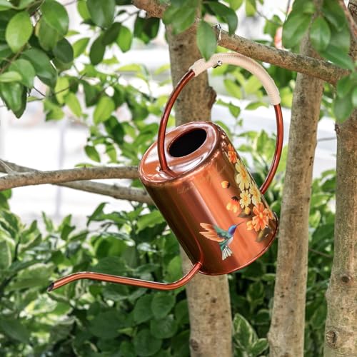 68oz Bronze Stainless Steel Watering Can, Hummingbird Pattern & 2 Sprayers