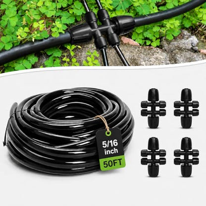 Bonviee 50FT 5/16 Inch Mainline Tubing with 6-Way Couplers, 4-Pack - size: 50FT - 5/16" Tubing