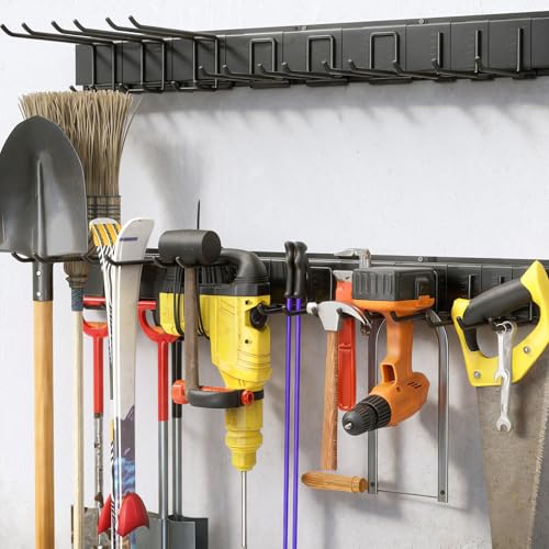 33" Garage Tool Organizer Wall Mount, 300lbs Tool Storage Organizer with Adjustable Sliding Hooks, Heavy Duty & Anti-Rust Garden Tools Storage Rack for Hanging Rake Broom/Mower/Snowboard - size: 33inch