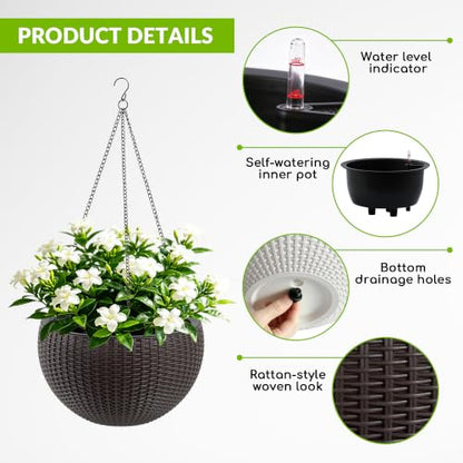 2 Pack 13.5" Self-Watering Hanging Baskets, Brown - color: Brown