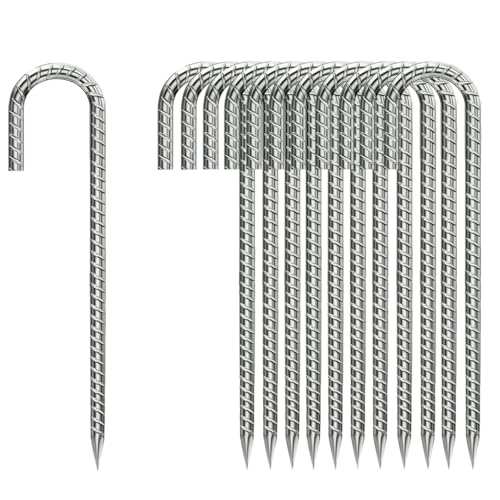 Rebar-Stakes-12-Inch, Ground Stakes Heavy Duty U-Hook Galvanized Anti-Rust Tent Stakes Heavy Duty Ground Anchors for Garden Dog Fence Chicken Coop Christmas Decorations Deer Fence 16pcs - color: Silver-J-HOOK, size: 16pcs