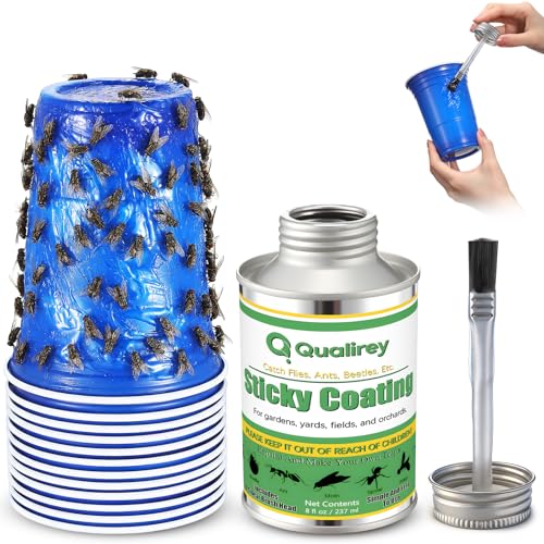 Qualirey 8 oz Sticky Coating Insect Trap with Brush and 12 Trap Cups, DIY Insect Adhesive Barrier Coating for Lanternflies & Deerflies, Outdoor Guard for Trees, Plants, Gardens & Orchards