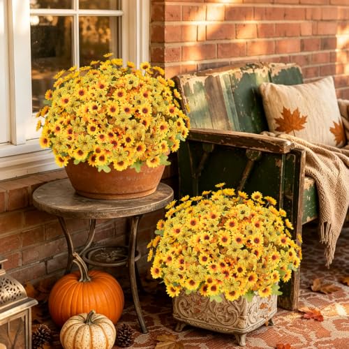 15PCS Artificial Fall Flowers for Outdoors, UV Resistant Fake Mums - color: Yellow Daisies & Yellow Violets