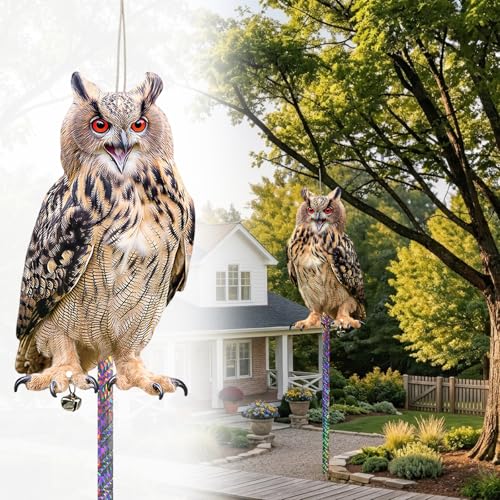3 Pack Fake Owl to Keep Pigeon Woodpecker Away, Hanging Plastic Flat Fake Owl with Reflective Tape to Scare Animals Away for Windows Outdoor Patio Contryard Garden Backyard Front Porch - color: 3pcs-lt.brown