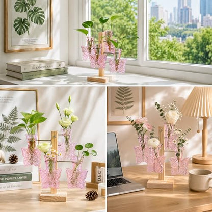 Nacome Plant Terrarium Propagation Stations: Pink Vase with Wooden Stand - color: Pink