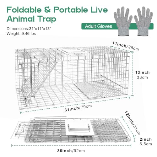Humane Live Animal Trap Cage 32" × 13" × 11",Heavy-Duty Live Catch Cage for Raccoon, Squirrel, Stray Cats, Groundhogs, Armadillos, Opossums, Rabbits, Skunk, Mole, Small Wildlife Control - size: 32"×13"×11"