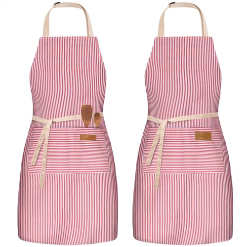 BeLuyi 2 Pack Adjustable Bib Apron with 2 Pockets Chef Cooking Kitchen Restaurant Aprons for Women Men - color: Red Pinstripes