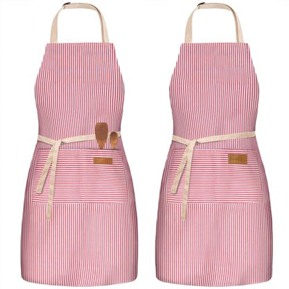 BeLuyi 2 Pack Adjustable Bib Apron with 2 Pockets Chef Cooking Kitchen Restaurant Aprons for Women Men - color: Red Pinstripes