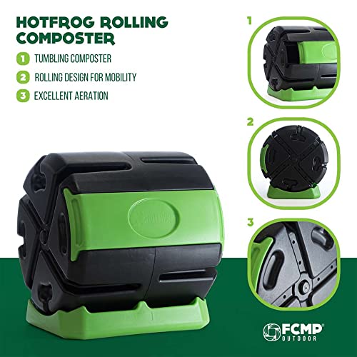 FCMP Outdoor HOTFROG Rolling Single Chamber Batch Tumbling Composter - Outdoor Rotating Garden Compost Bin (HF-RC4000WB) Black & Green (37-Gallon)