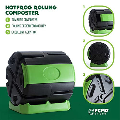 FCMP Outdoor HOTFROG Rolling Single Chamber Batch Tumbling Composter - Outdoor Rotating Garden Compost Bin (HF-RC4000WB) Black & Green (37-Gallon)
